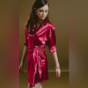 NWT Molly Bracken Silky Wrap Around Mini Tie Dress in Raspberry